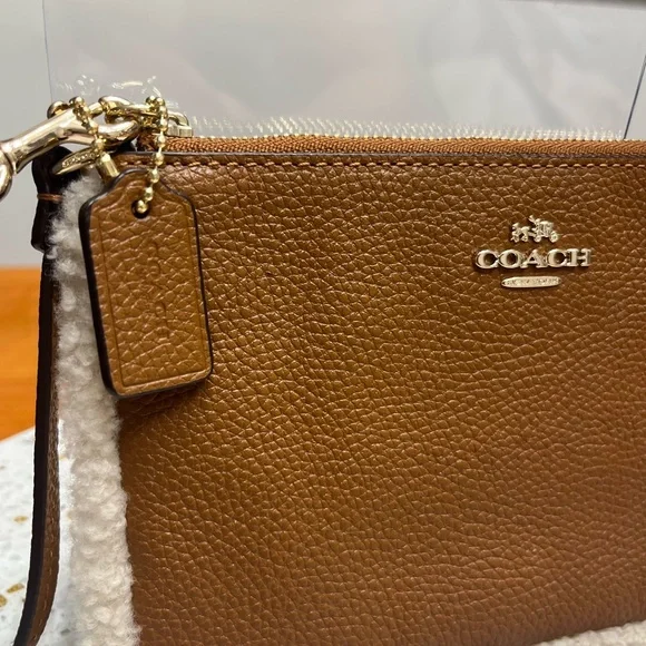 Coach Brown Leather and Sherpa Trim Large Wristlet - Picture 6 of 9